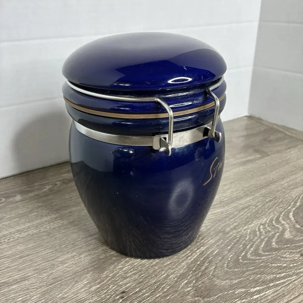 Starbucks Coffee Storage Canister Cobalt Blue Silver Script Logo Jar